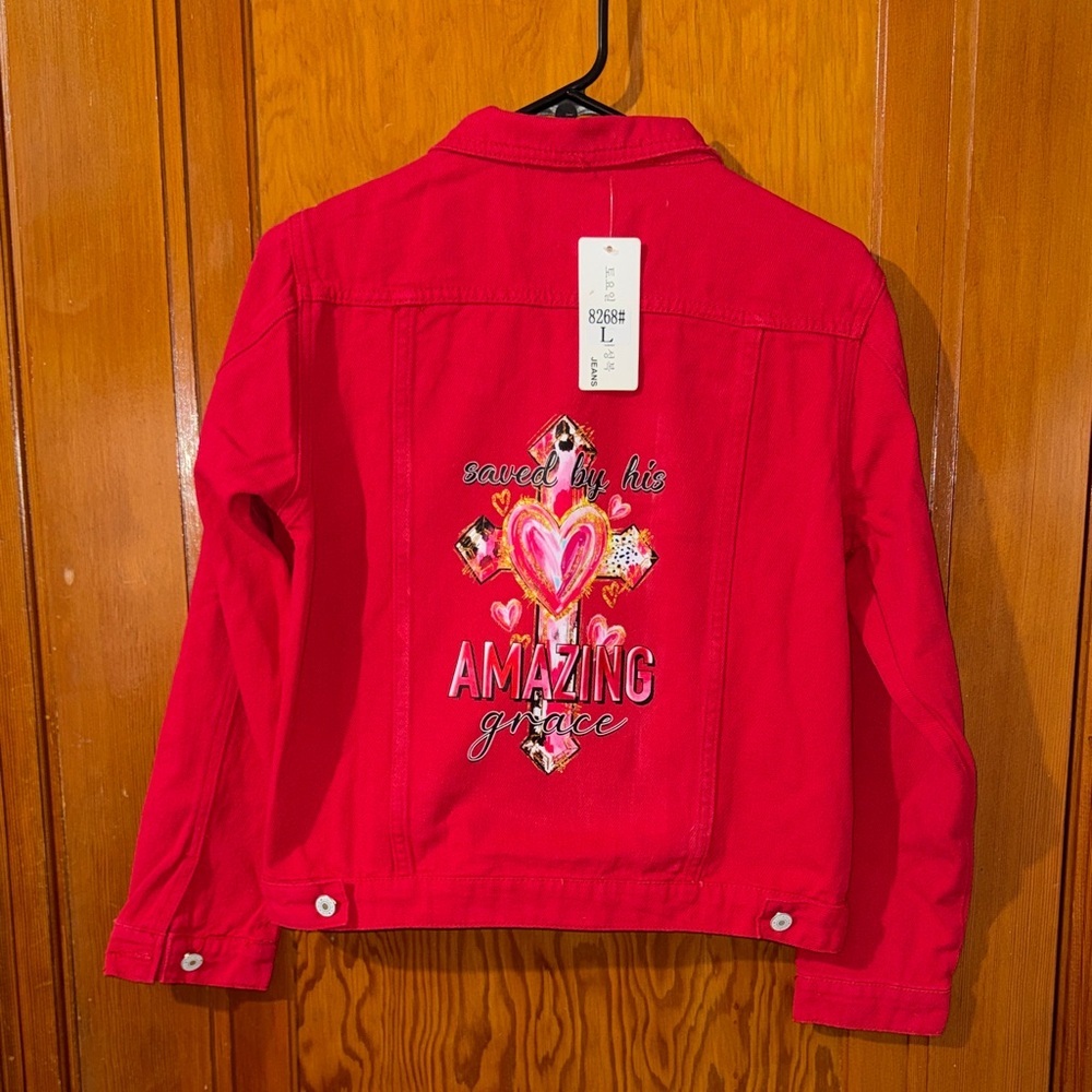 Stylish Red Jean Jacket with Heart Design